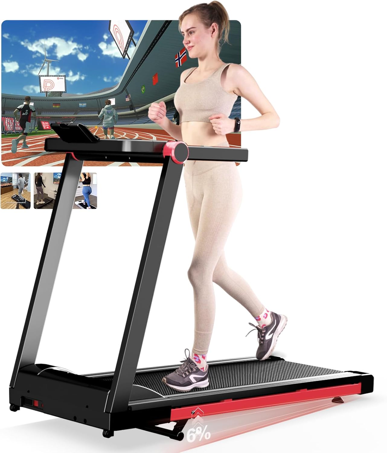 Superun Laufband für Zuhause Klappbar, Laufband mit Steigung bis 16 km/h mit APP max 158 KG mit Trainingskursen und Multi-Runner-Rennen
