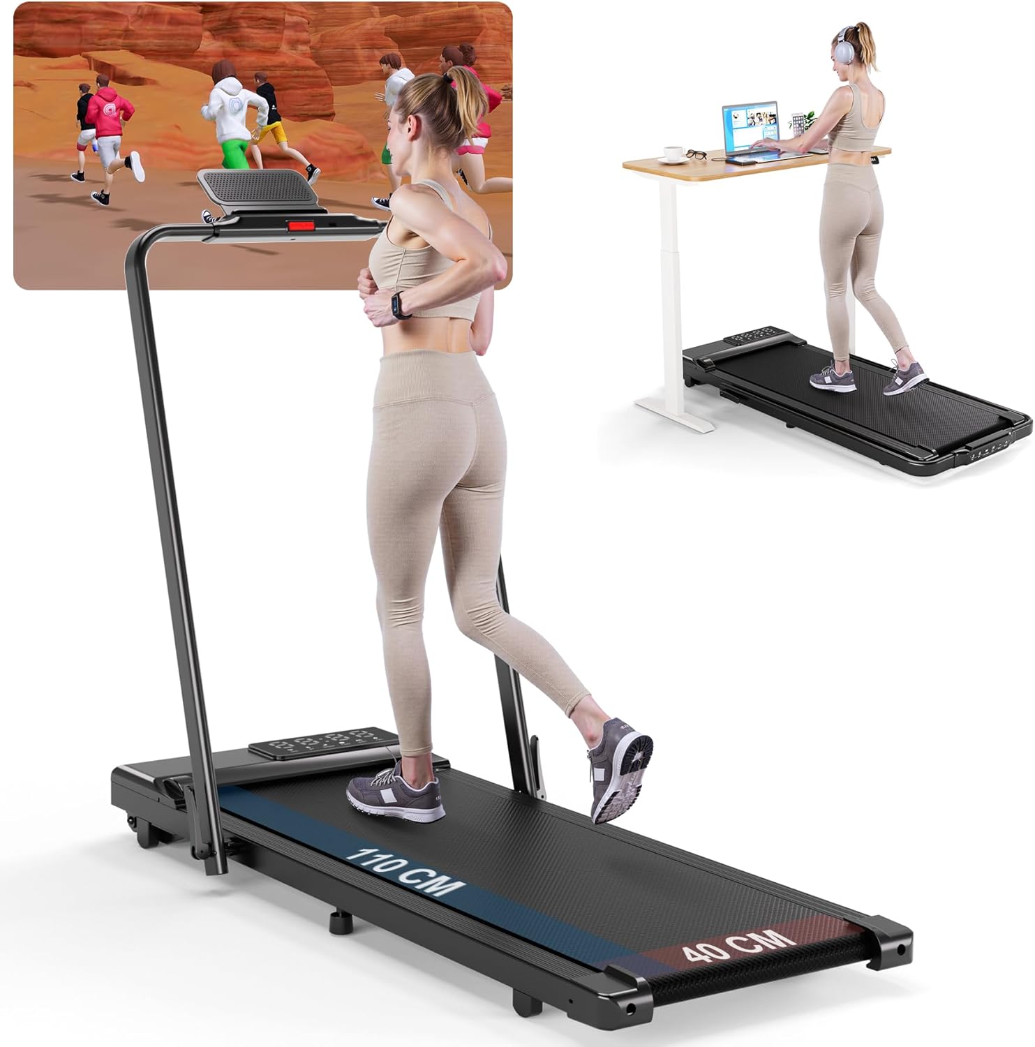Superun Raceable Walking Pad Klappbar, Laufband für Zuhause bis 12 km/h, Klappbares Laufband Unter dem Schreibtisch 136 kg mit APP und Multi-Runner-Rennen